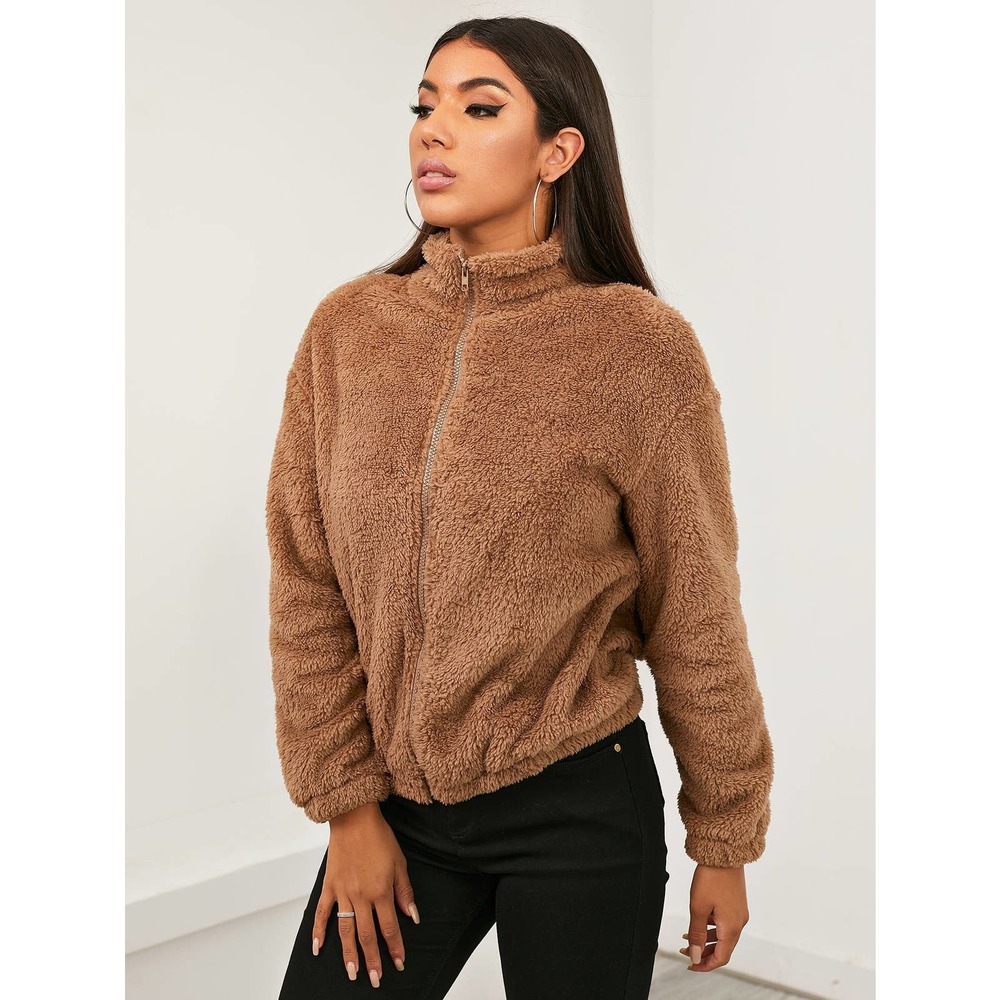 stand collar faux fur Zip Up Teddy Jacket teddy coat fall winter tan camel brown - Picture 7 of 10